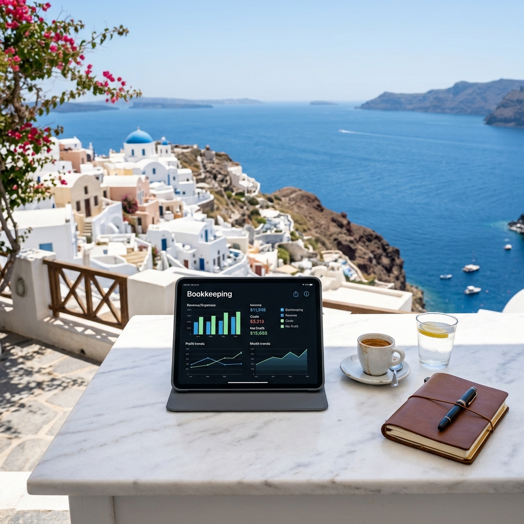 An iPad showing financial charts on a white marble desk by the sea in Greece
